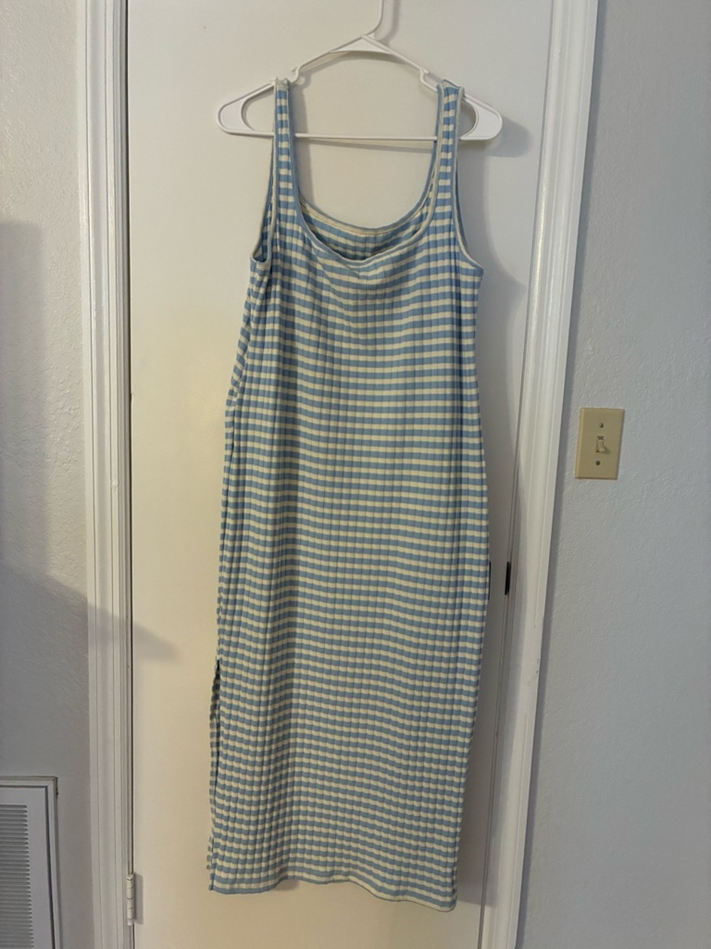 Light Blue and White Ribbed Striped Tank Dress